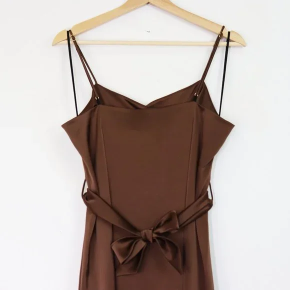 NWT Nanushka Dress Sayan Satin Spaghetti Strap Belted Wrap Tie Midi Slip Brown L - Picture 10 of 11